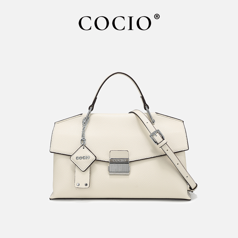 Structured Handbag Top Handle - حقيبة ساتشيل نسائية بيضاء من الجلد