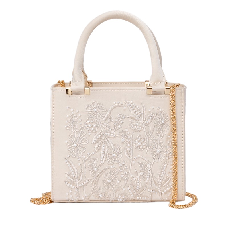 Structured Handbag Top Handle - حقيبة يد مطرزة باللؤلؤ، حقيبة كتف