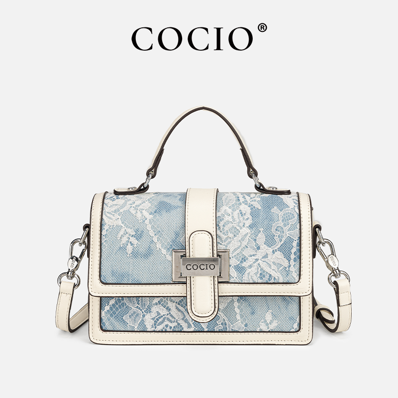 Structured Handbag Top Handle - حقيبة يد نسائية زرقاء بنقشة جلد