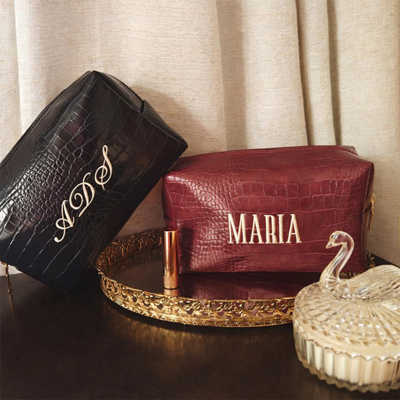 Luxury Bags Vegan - حقيبة مكياج مطرزة بتصميم جلد التمساح،